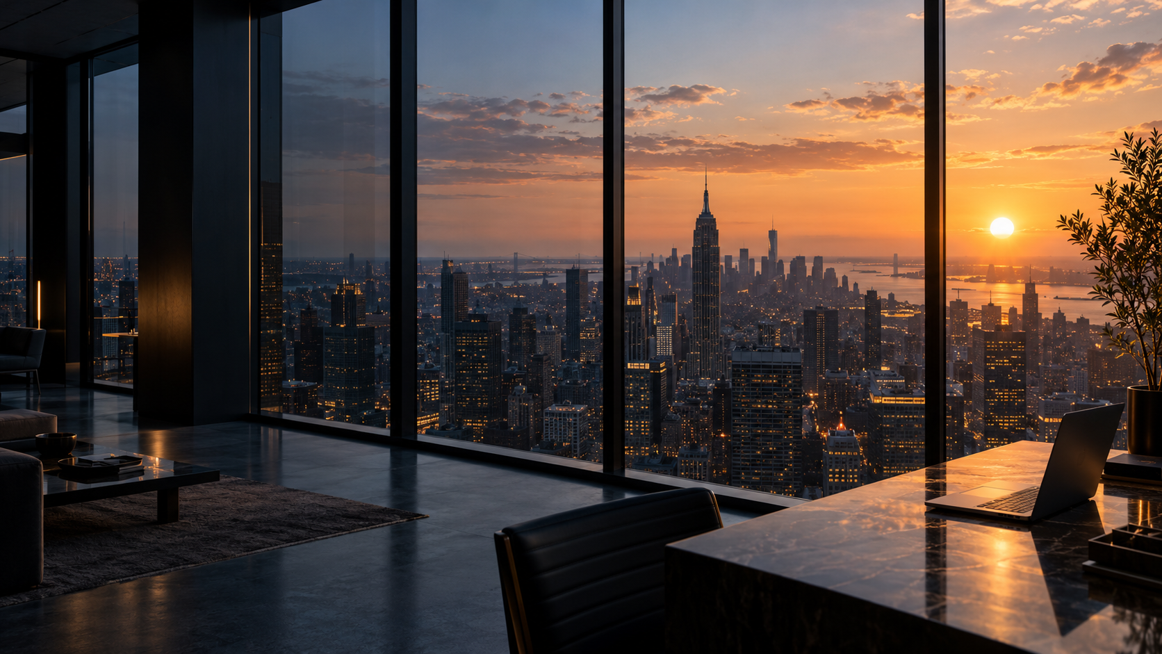 A studio overlooking a city at sunset